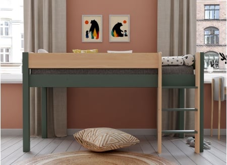 Lit mi-hauteur en pin massif 90x190 HOYA Kaki - 2