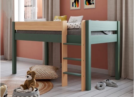 Lit mi-hauteur en pin massif 90x190 HOYA Kaki - 1