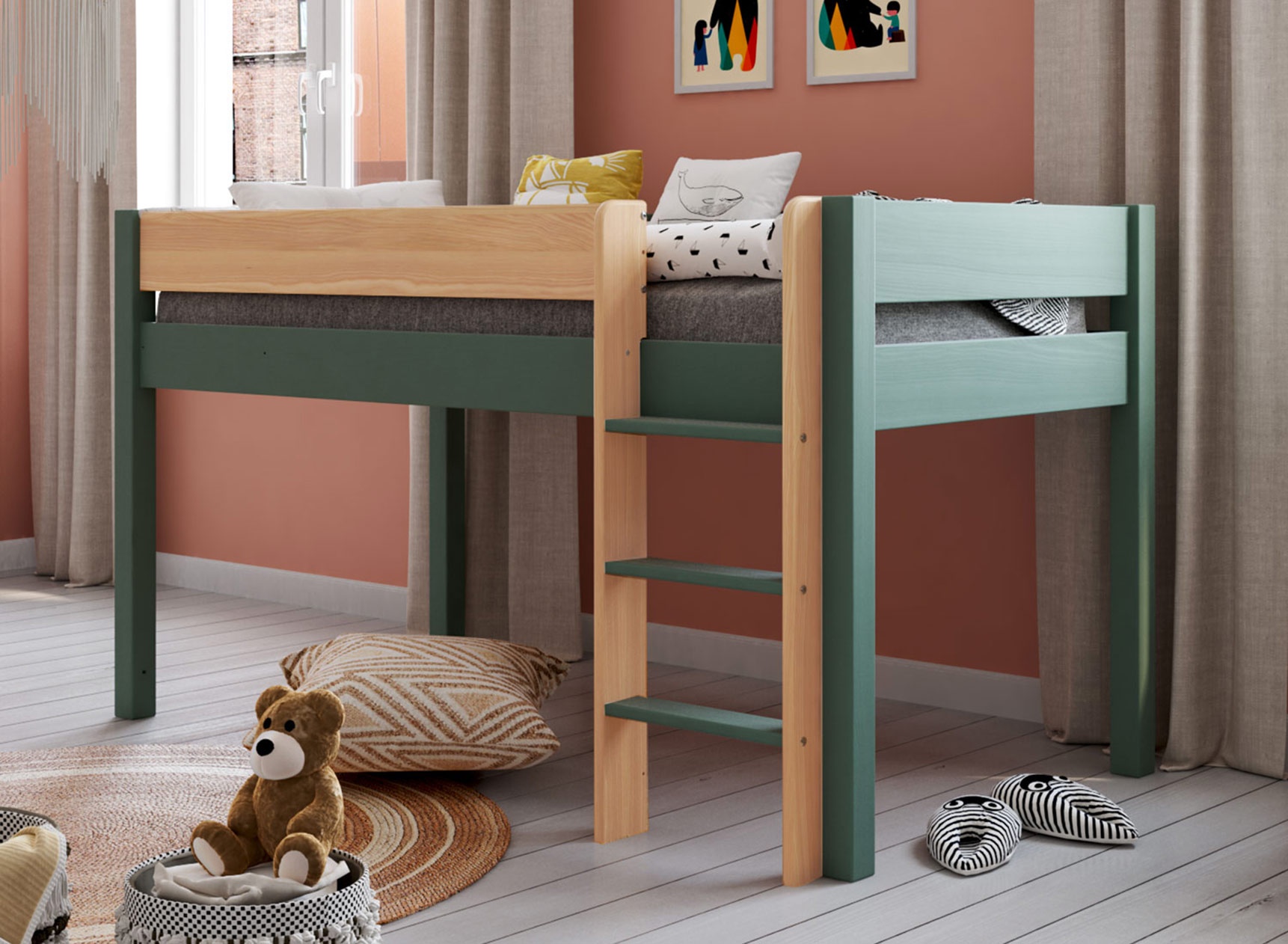 Lit mi-hauteur en pin massif 90x190 HOYA Kaki - 1