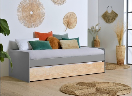 Lit gigogne banquette 90x190 Pin massif HOYA Gris - 1