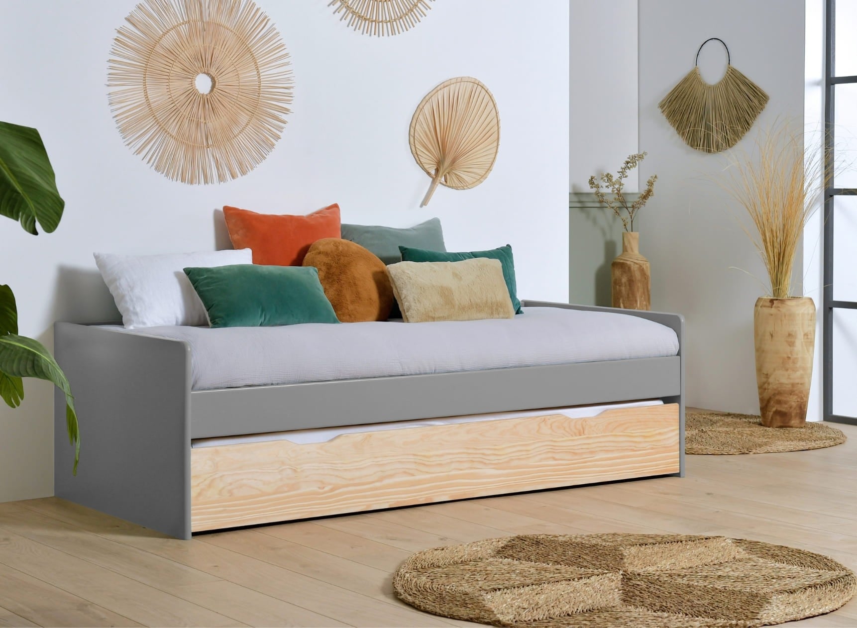 Lit gigogne banquette 90x190 Pin massif HOYA Gris - 1