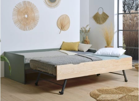 Lit gigogne banquette 90x190 Pin massif HOYA  Kaki - 2