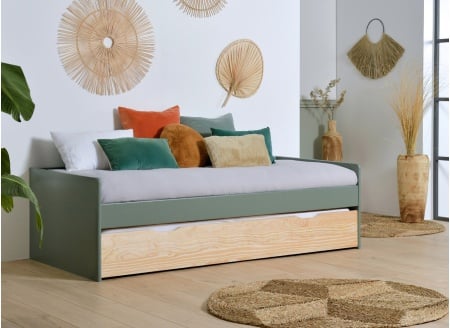 Lit gigogne banquette 90x190 Pin massif HOYA Kaki - 1