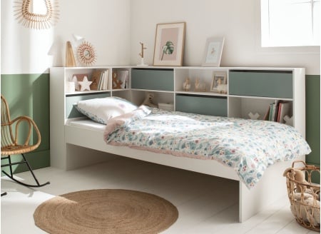 Lit enfant rangement 90x190 MANLY - Blanc/Vert - 1