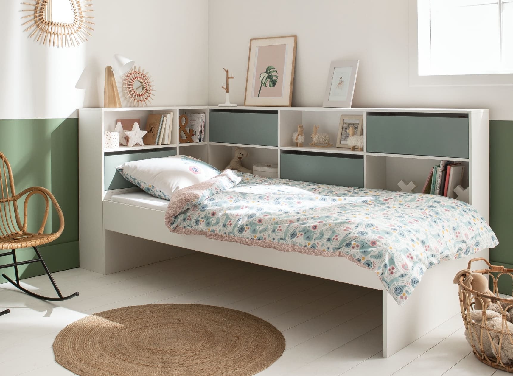 Lit enfant rangement 90x190 MANLY - Blanc/Vert - 1