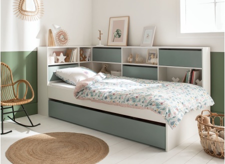 Lit enfant rangement 90x190 MANLY - Blanc/Vert - 2