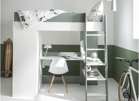 Lit mezzanine bureau et armoire MANLY - Blanc/Vert - 2