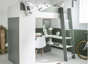 Lit mezzanine avec bureau et armoire 90x190 MANLY - Blanc/Vert