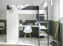 Lit mezzanine bureau et armoire MANLY - Blanc/Bleu - 2