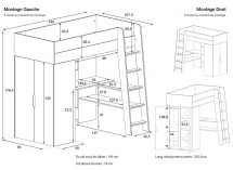 Lit mezzanine bureau et armoire MANLY - Dimensions