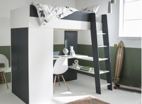 Lit mezzanine avec bureau et armoire 90x190 MANLY - Blanc/Bleu