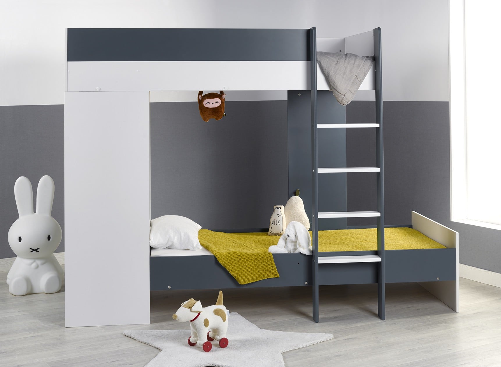 Lit superposé avec armoire MANLY - Blanc/Bleu - 1