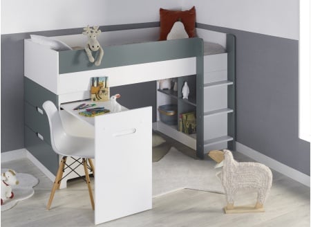 Lit mi-hauteur bureau et commode MANLY Blanc/Vert - 2