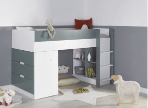 Cama semi alta con escritorio y cómoda 90x190 MANLY - Blanco/Verde