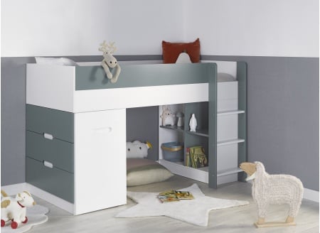 Lit mi-hauteur bureau et commode MANLY Blanc/Vert - 1