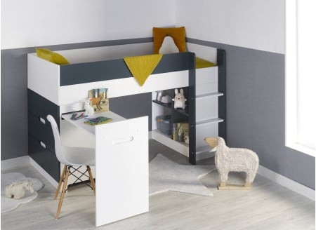 Lit mi-hauteur bureau et commode MANLY Blanc/Bleu - 2