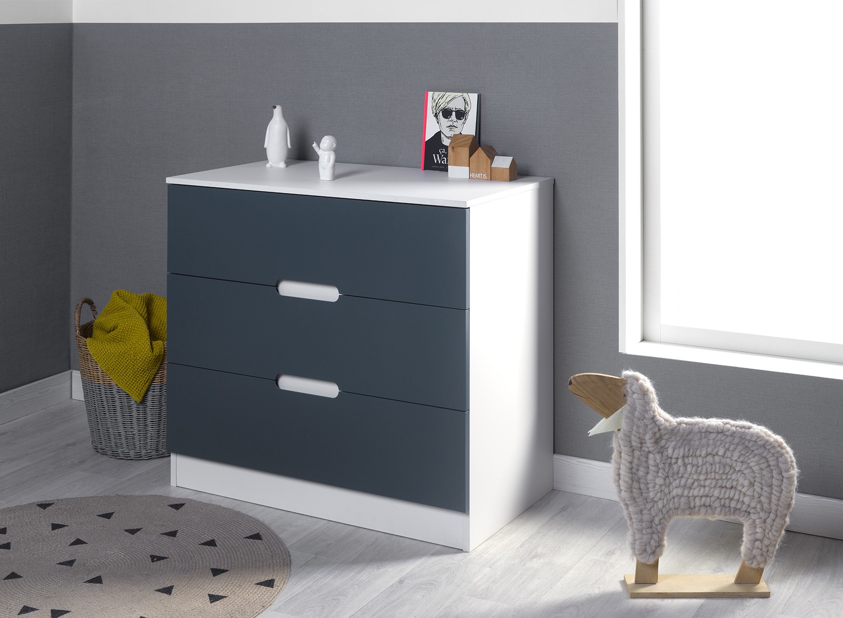 Commode 3 tiroirs MANLY - Blanc/Bleu - 1