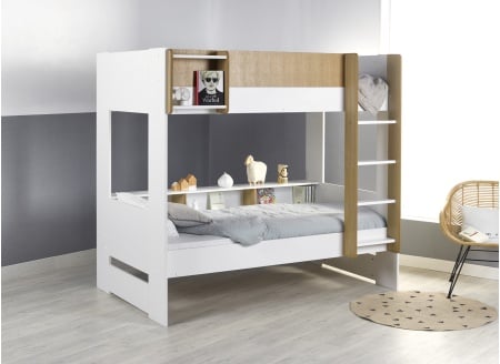 Lit superposé rangement MANLY - Blanc/Chêne - 1