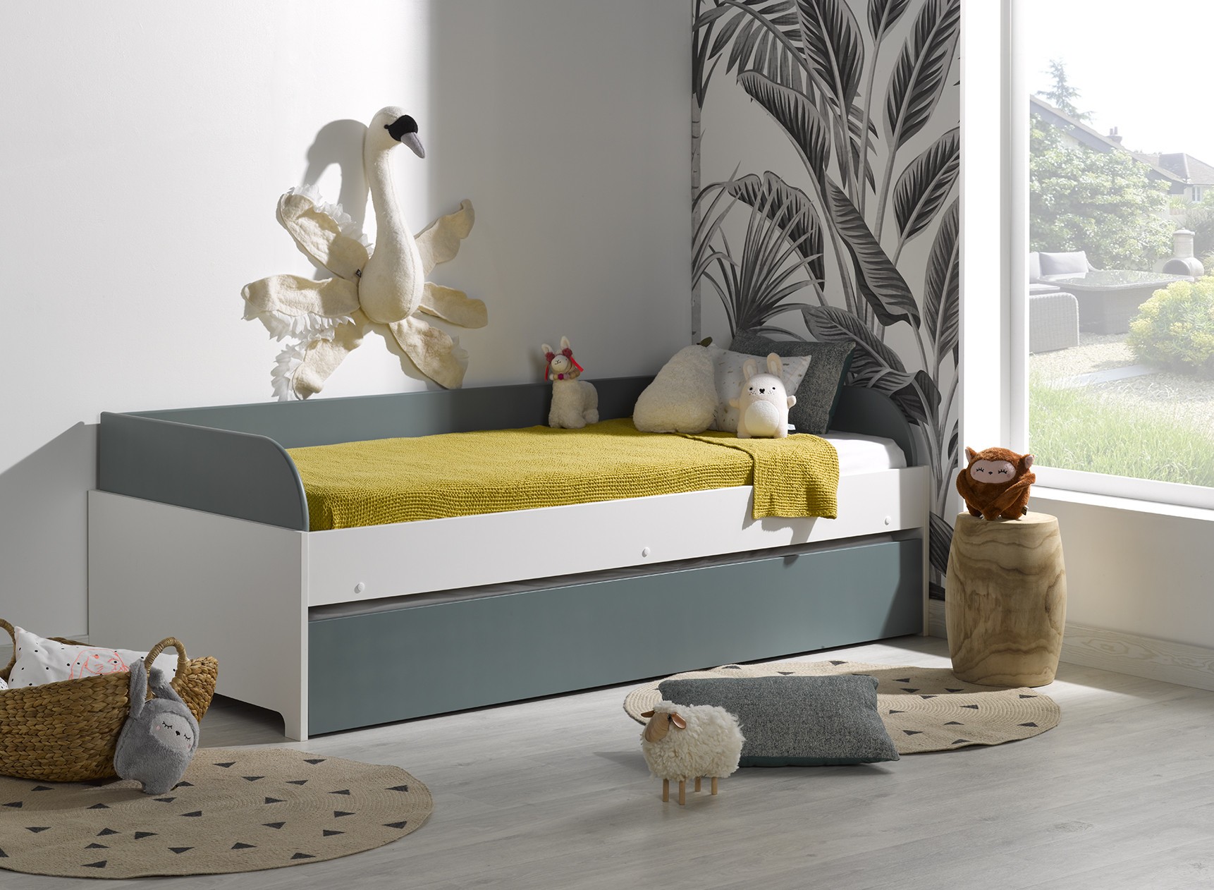 Lit gigogne banquette 90x190 MANLY - Blanc/Vert - 1