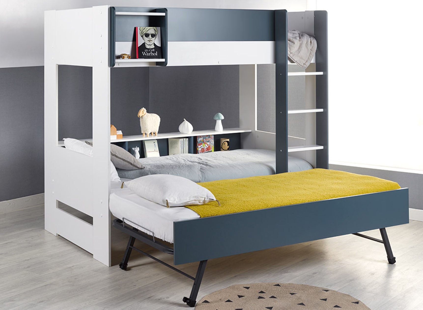 Lit superposé 3 places 90x190 MANLY Blanc/Bleu - 1