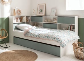 Lit gigogne avec rangement 90x190 MANLY - Blanc/Vert