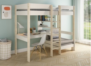 Cama alta con escritorio 90x200 y sillón convertible CALVI - Blanco/Pino