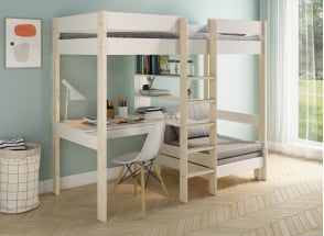Hoogslaper met bureau 90x200 en convertibele fauteuil CALVI - Wit/Grenen
