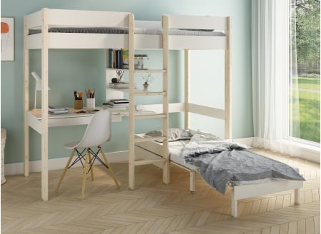 CALVI 90x200 loft bed with desk and convertible armchair - White/Pine