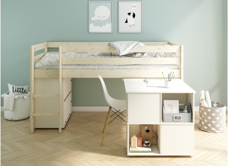 Lit mi-hauteur bureau et commode JADE - Blanc/Pin - 2
