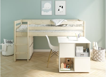 Lit mi-hauteur bureau et commode JADE - Blanc/Pin - 2
