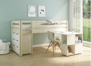 Lit mi-hauteur 90x200 bureau et commode JADE - Blanc/Pin - 1