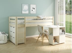 Lit mi-hauteur 90x200 avec bureau et commode JADE - Blanc/Pin