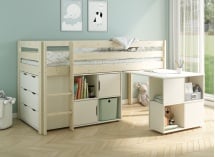 Lit mi-hauteur bureau et rangement JADE - Blanc/Pin