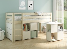 Lit mi-hauteur bureau et rangement JADE - Blanc/Pin