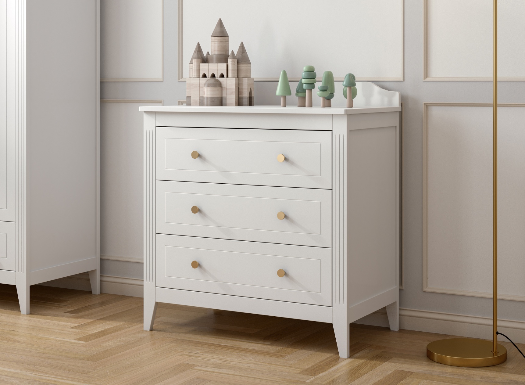 white christmas dresses Benjara 3 Drawer Wood Chest with Round Pulls and Angled Legs, Small,White  and Brown main image 1