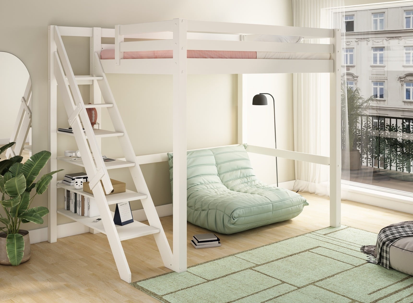 Cama alta doble con escalera 140x200 DARIO - Blanco