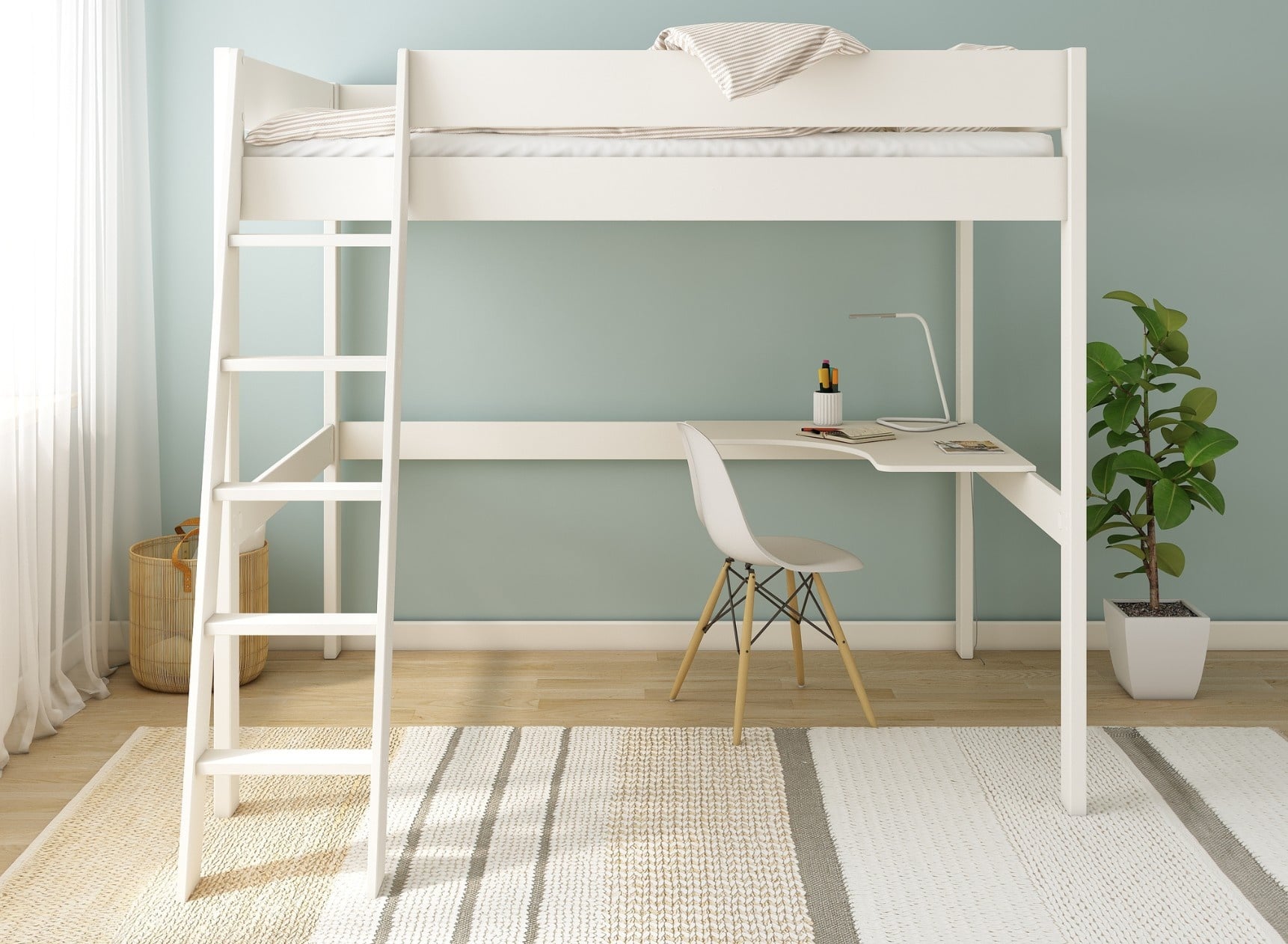 Lit Mezzanine Amazon Avec Bureau Et Dressing, Blanc Et Bois, Pour Enfant Et Ado (Matelas 90x200cm Inclus)