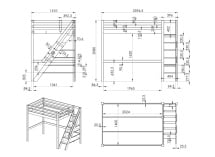 Lit mezzanine 2 places avec escalier 140x200 DARIO - Dimensions