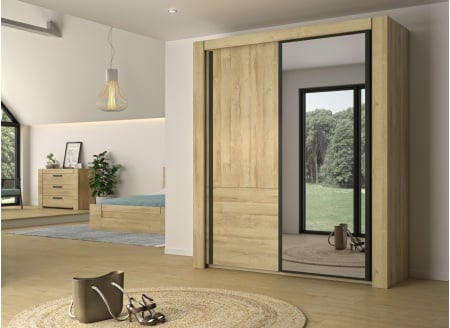Armoire 2 portes coulissantes avec miroir OSCAR - Chêne - 1