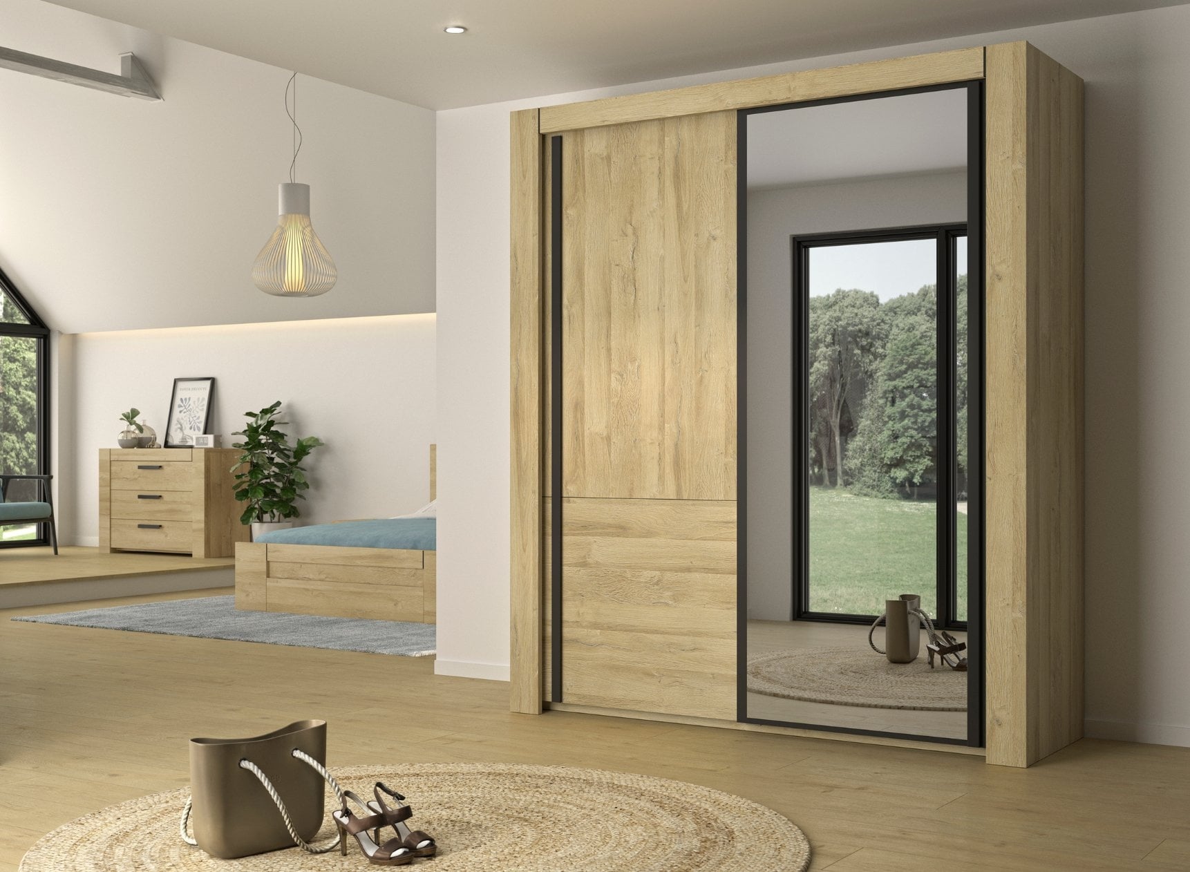 Armoire 2 portes coulissantes avec miroir OSCAR - Chêne - 1