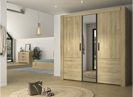 Armoire 3 portes avec miroir OSCAR - Chêne - 1