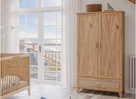 NAMI 2-door 1-drawer wardrobe with rattan caning - Wood