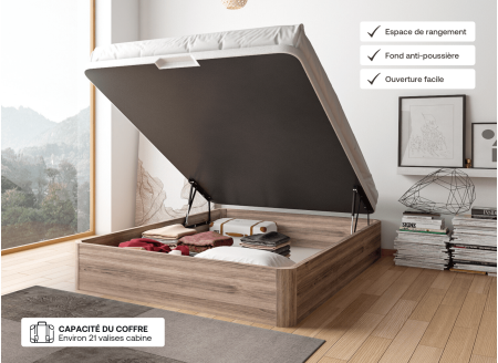 Lit coffre 140 x 200 cm BASTIA Chêne naturel - Ouvert
