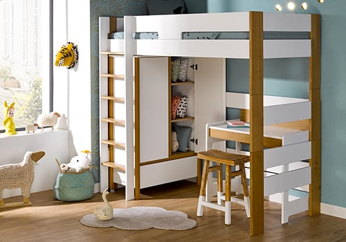 lit enfant mezzanine scandinave armoire espace bureau blanc bois
